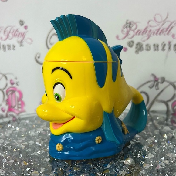 Disney Other - Disney mug cup flip top little mermaid flounder Fish Figurine Yellow Blue Decor